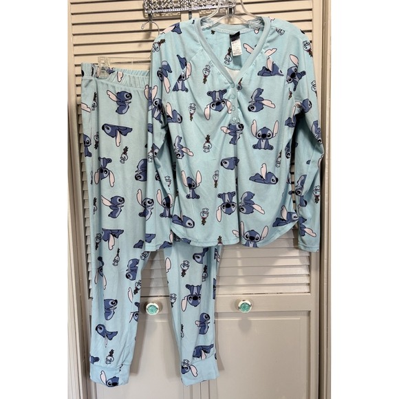 Disney Other - Disney Stitch Juniors Pj Set Soft Velour Pullon Jogger Pants Sz L (12-14) Blue